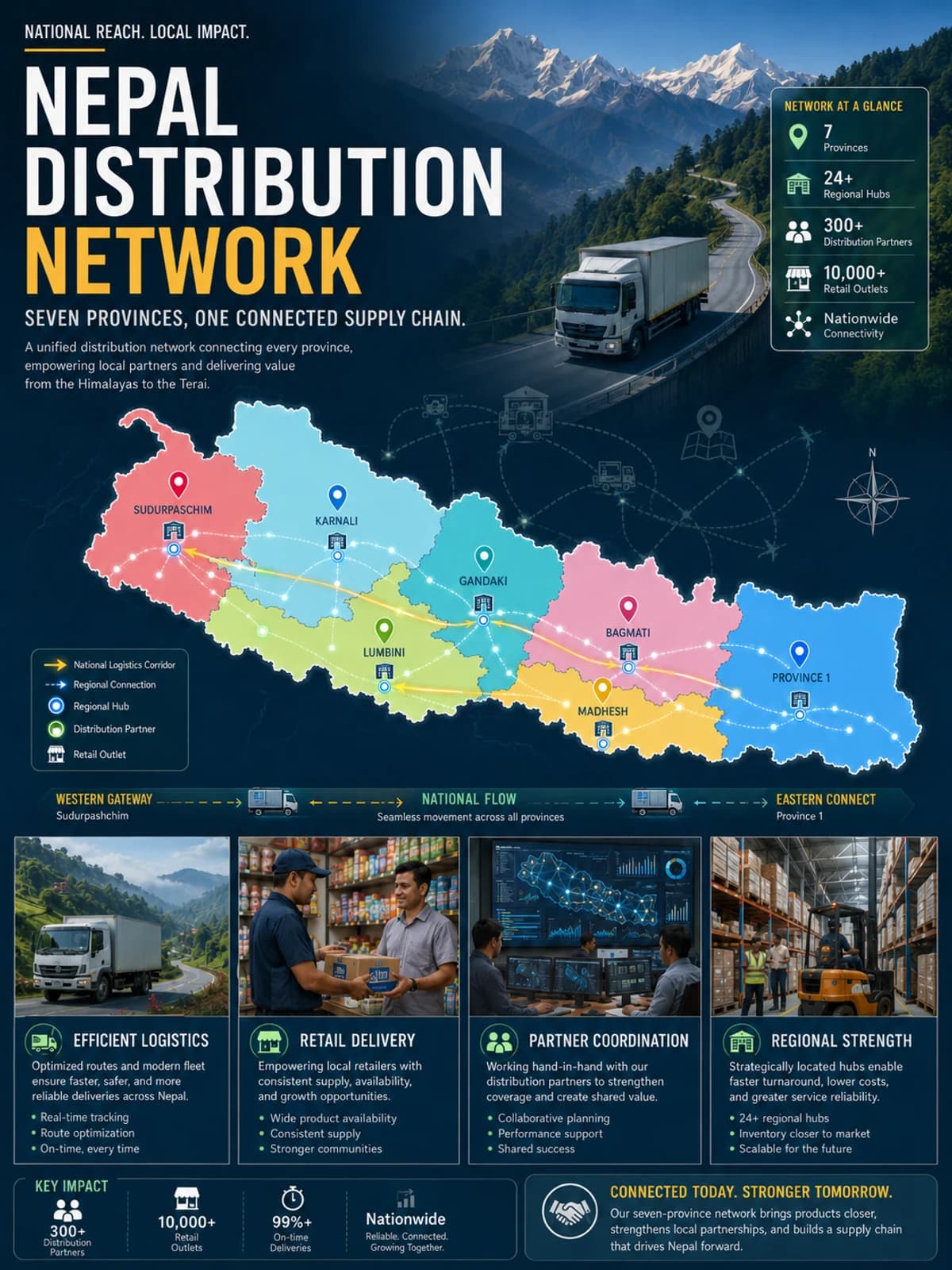 Nepal distribution network cover visual with seven-province logistics map