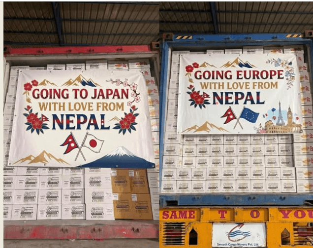 Singapore Beverages Nepal shipment containers with banners for Japan and Europe exports